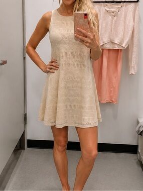 Sleeveless Apricot/Cream Lace Overlay Aztec Geometric Dress